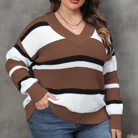 Bold Lines V-Neck Sweater - Chestnut - Picture 4 of 4